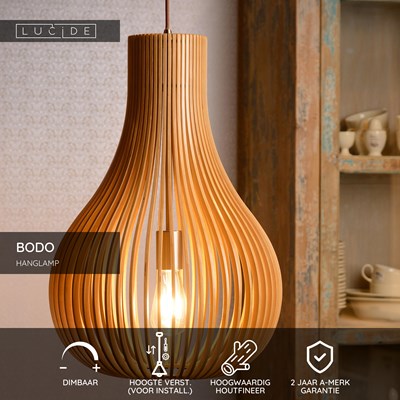 Lucide BODO - Hanglamp - Ø 38 cm - 1xE27 - Licht hout